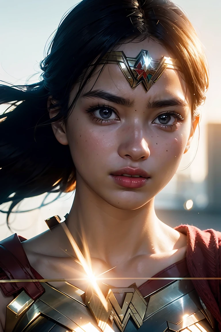 Scene from Movie, Wonder Woman from DC Close-Up, Distorted Space, Distorted Undead in the Background, Lens Flares, Light Shafts, Intricate Details, High Detailed, Volumetric Lighting, 4k Rendering, Stock Photo, Hyper-Realistic, Realistic Textures, Dramatic Lighting, Unreal Engine