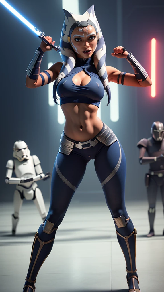  (Full portrait body:1.2), perfect woman figure, flirting, (masterpiece, best quality, ultra-detailed), (background battle, droids, robots, star wars,, night, war, battle), extremely detailed eyes, Ahsoka Tano, shining skin, blue eyes, makeup, (blue crop top), blue shirt, vambraces, fingerless gloves, ideal body, out fit top, perfect anatomy, long legs, perfect hips, blue leggings,big breast ,large perfect chest, A top with a cutout on the chest, Fighting stance, good hands, Smooth fingers on the hands, she holds a knife in his hand, sexy