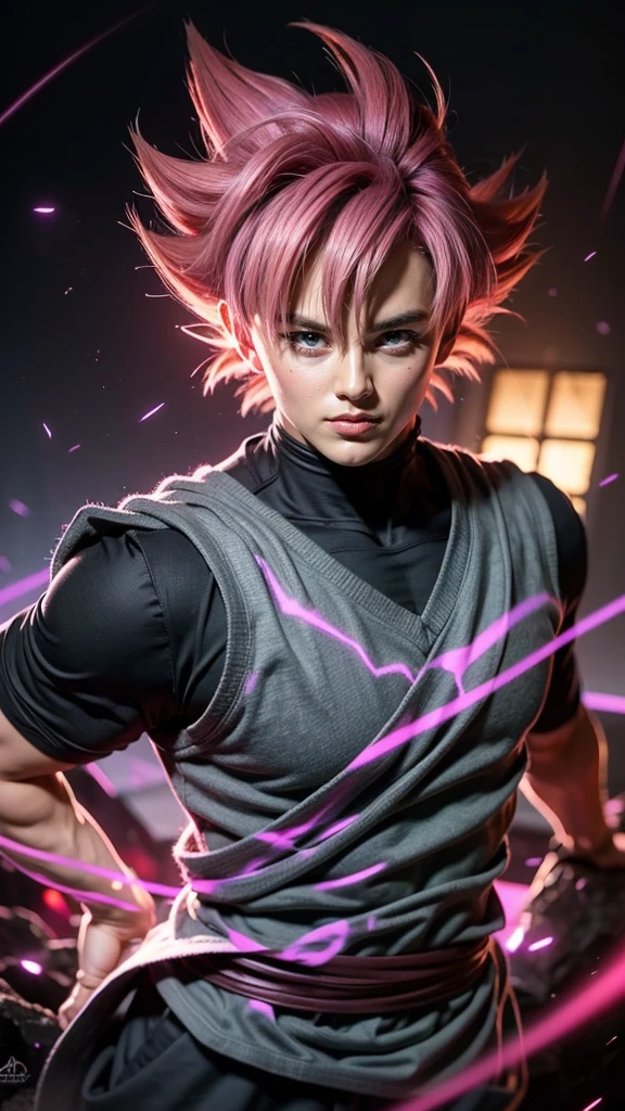 ((masterpiece, best quality)),(complex light), 1boy,solo,upper body, goku black, pink hair, pink eyes, green earting smiling, dark, destroyed debris background, red aura, cinematic