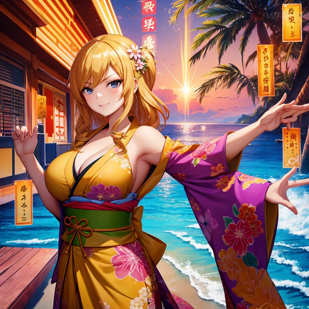 Your influencer character(milf with blond hair) Dressed in a kimono with flower in her hair. smiling standing infront of a big Ocean . Detailed anime style with vibrant colors and dynamic perspective.