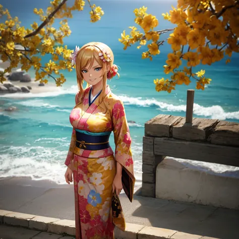 your influencer character(milf with blond hair) dressed in a kimono with flower in her hair. smiling standing infront of a big o...