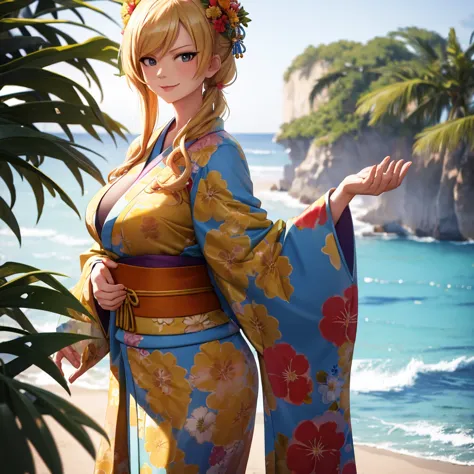 your influencer character(milf with blond hair) dressed in a kimono with flower in her hair. smiling standing infront of a big o...