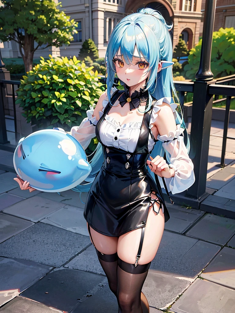 (masterpiece, top quality, best quality, official art, beautiful and aesthetic:1.2), (1girl:1.3), extremely detailed, highest detailed, (dynamic pose), outdoors, outside, full body view, looking at camera, ((that time i got reincarnated as a slime)), ((Rimuru Tempest)), long silver-blue hair, cute and beautiful, medium chest, (wearing a Retro Vintage Women Gothic Girls Punk Mini Dress High Waist Suspender Skirt), ((J30088))