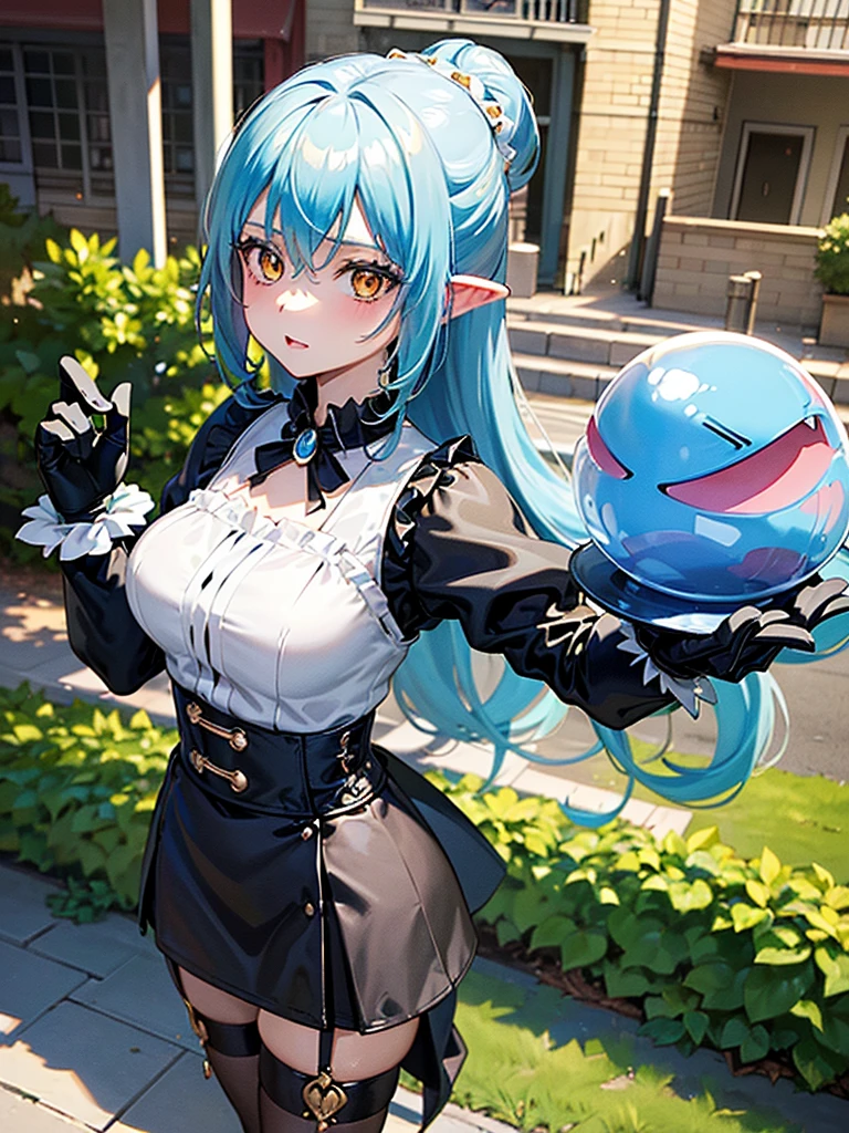 (masterpiece, top quality, best quality, official art, beautiful and aesthetic:1.2), (1girl:1.3), extremely detailed, highest detailed, (dynamic pose), outdoors, outside, full body view, looking at camera, ((that time i got reincarnated as a slime)), ((Rimuru Tempest)), long silver-blue hair, cute and beautiful, medium chest, (wearing a Retro Vintage Women Gothic Girls Punk Mini Dress High Waist Suspender Skirt), ((J30088))