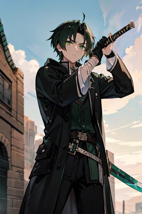 Greenish-black hair　Adult male　cool　He holds a worn-out sword with a corroded blade in front of him.　Serious expression　He is we...