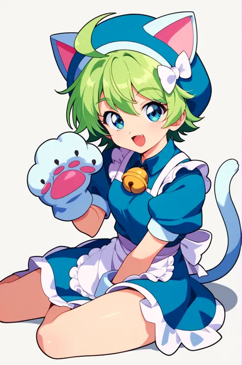 1girl,solo,tail,bell,animal ears,green hair,cat tail,open mouth,hair ornament,cat ears,sitting,animal hat,white background,hair ...