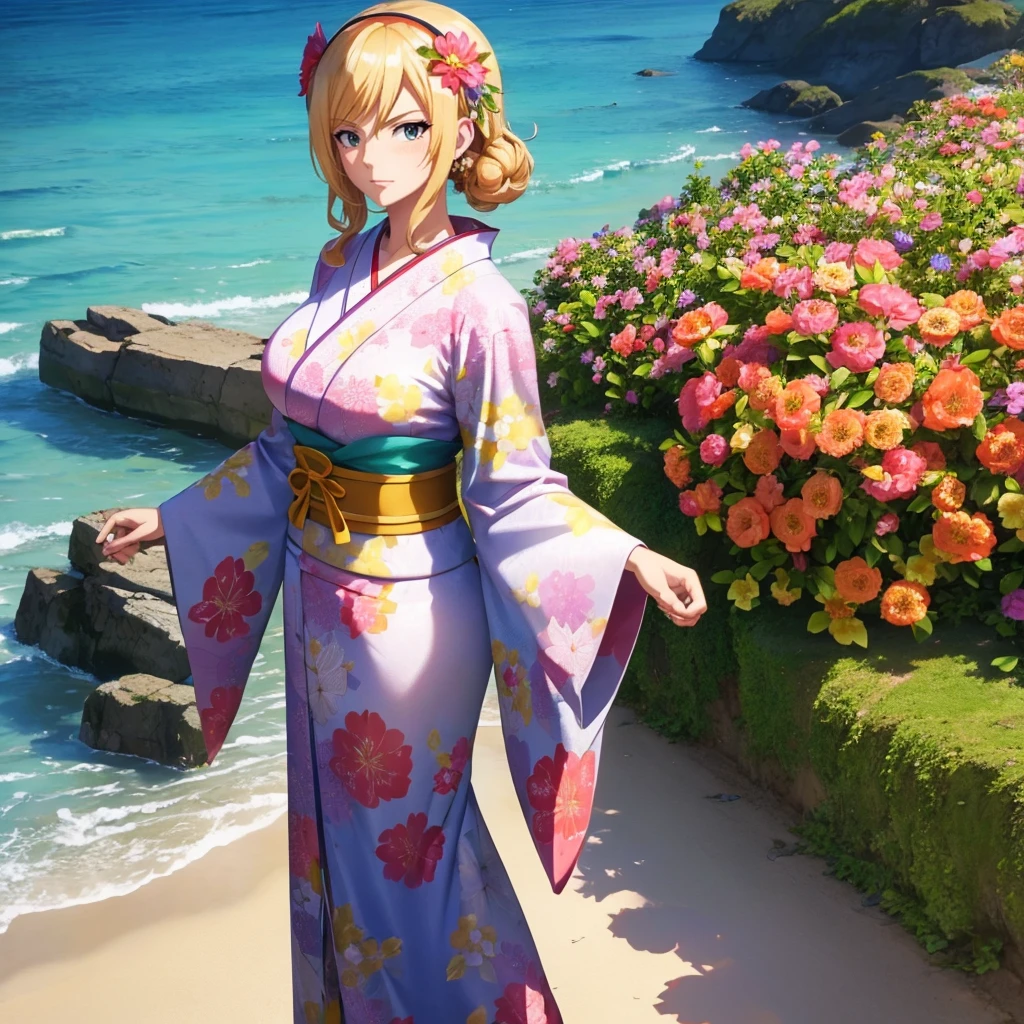 Your influencer character(milf with blond hair) Dressed in a kimono with flower in her hair. smiling standing infront of a big Ocean . Detailed realistic dynamic perspective.