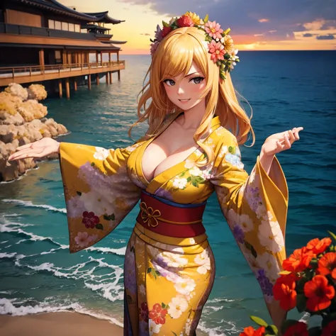 your influencer character(milf with blond hair) dressed in a kimono with flower in her hair. smiling standing infront of a big o...