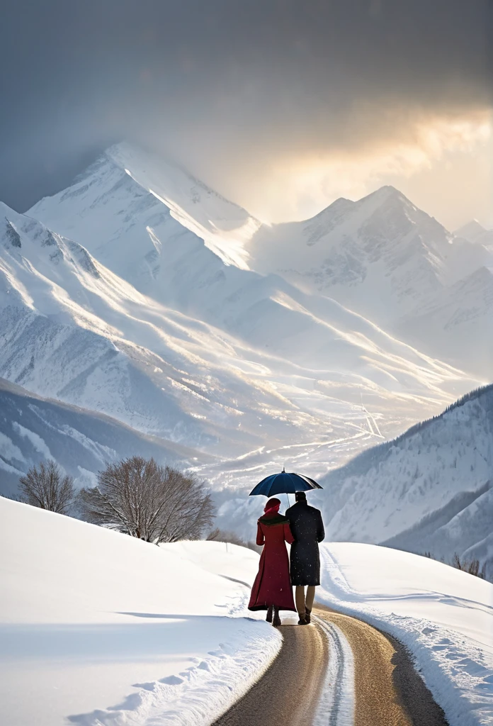 heavy snow，Blizzard，下heavy snow，A couple of lovers，Share an umbrella，Back，Back，warmth，Touching，Go into the distance，S-shaped path，Distant Mountains，RAW，8k，Detailed Details，Best quality，Perfect color matching，Sense of atmosphere，Masterpieces shot by international photography masters，National Geographic Photography Award Winners