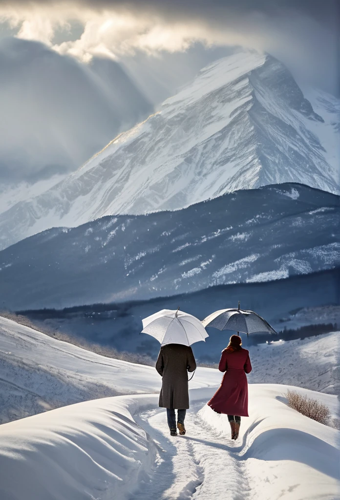 heavy snow，Blizzard，下heavy snow，A couple of lovers，Share an umbrella，Back，Back，warmth，Touching，Go into the distance，S-shaped path，Distant Mountains，RAW，8k，Detailed Details，Best quality，Perfect color matching，Sense of atmosphere，Masterpieces shot by international photography masters，National Geographic Photography Award Winners