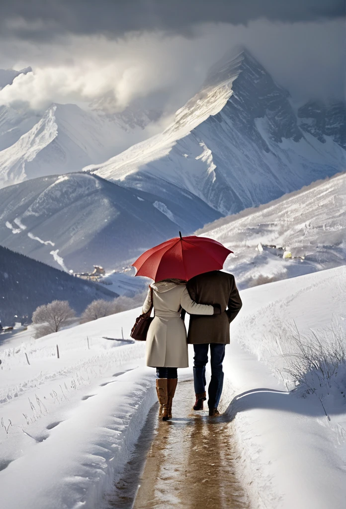 heavy snow，Blizzard，下heavy snow，A couple of lovers，Share an umbrella，Back，Back，warmth，Touching，Go into the distance，S-shaped path，Distant Mountains，RAW，8k，Detailed Details，Best quality，Perfect color matching，Sense of atmosphere，Masterpieces shot by international photography masters，National Geographic Photography Award Winners