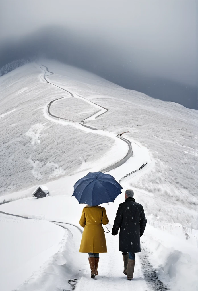 heavy snow，Blizzard，下heavy snow，A couple of lovers，Share an umbrella，Back，Back，warmth，Touching，Go into the distance，S-shaped path，Distant Mountains，RAW，8k，Detailed Details，Best quality，Perfect color matching，Sense of atmosphere，Masterpieces shot by international photography masters，National Geographic Photography Award Winners