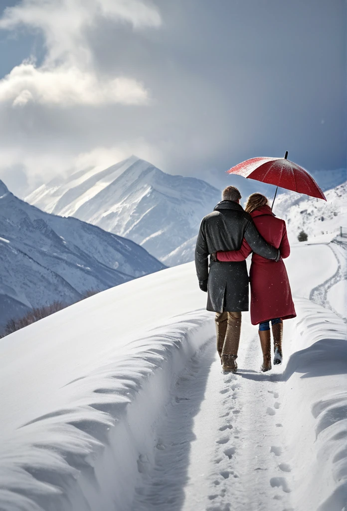 heavy snow，Blizzard，下heavy snow，A couple of lovers，Share an umbrella，Back，Back，warmth，Touching，Go into the distance，S-shaped path，Distant Mountains，RAW，8k，Detailed Details，Best quality，Perfect color matching，Sense of atmosphere，Masterpieces shot by international photography masters，National Geographic Photography Award Winners