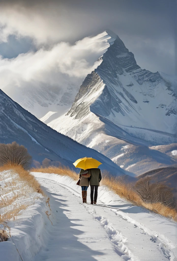 heavy snow，Blizzard，下heavy snow，A couple of lovers，Share an umbrella，Back，Back，warmth，Touching，Go into the distance，S-shaped path，Distant Mountains，RAW，8k，Detailed Details，Best quality，Perfect color matching，Sense of atmosphere，Masterpieces shot by international photography masters，National Geographic Photography Award Winners