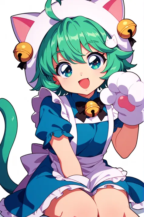 1girl,solo,tail,bell,animal ears,green hair,cat tail,open mouth,hair ornament,cat ears,sitting,animal hat,white background,hair ...