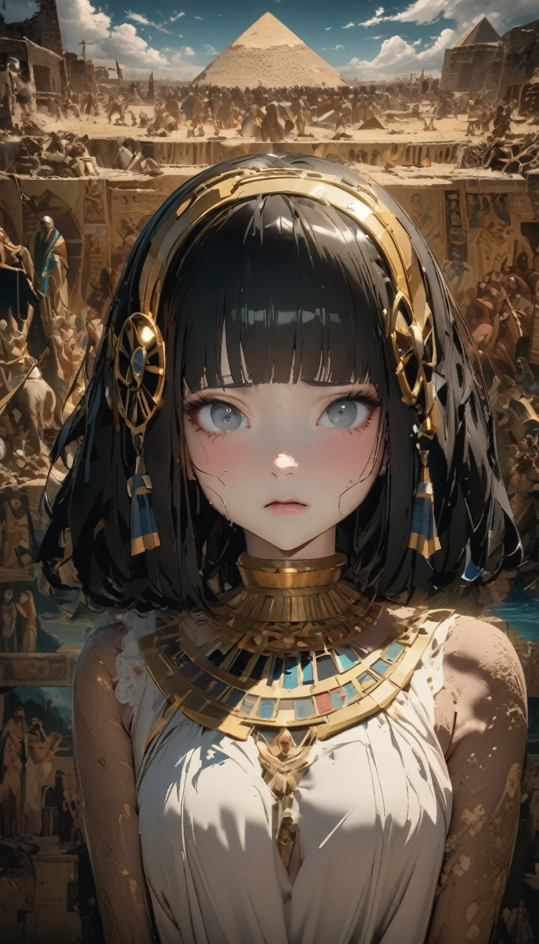 quality\(8K,非常に精細なCGユニットのwallpaper, masterpiece,High resolution,top-quality,top-quality real texture skin,Surreal,Increase the resolution,RAW Photos,最高quality,Very detailed,wallpaper\),BREAK,Perfect Anatomy、Cleopatra、Brown Skin、Very beautiful woman、30 years old、Black Hair、Very tall、zoom、cute、Grey Eyes、Unusual bob cut、Diamond Hair Ornament、Beautiful Egyptian White Dress、Gorgeous dress、Side Shot、Sad face、The background is an Egyptian mural、pyramid、pyramidの壁画、dark、darkness、