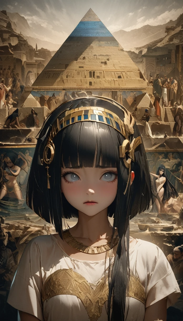 quality\(8K,非常に精細なCGユニットのwallpaper, masterpiece,High resolution,top-quality,top-quality real texture skin,Surreal,Increase the resolution,RAW Photos,最高quality,Very detailed,wallpaper\),BREAK,Perfect Anatomy、Cleopatra、Brown Skin、Very beautiful woman、30 years old、Black Hair、Very tall、zoom、cute、Grey Eyes、Unusual bob cut、Diamond Hair Ornament、Beautiful Egyptian White Dress、Gorgeous dress、Side Shot、Sad face、The background is an Egyptian mural、pyramid、pyramidの壁画、dark、darkness、