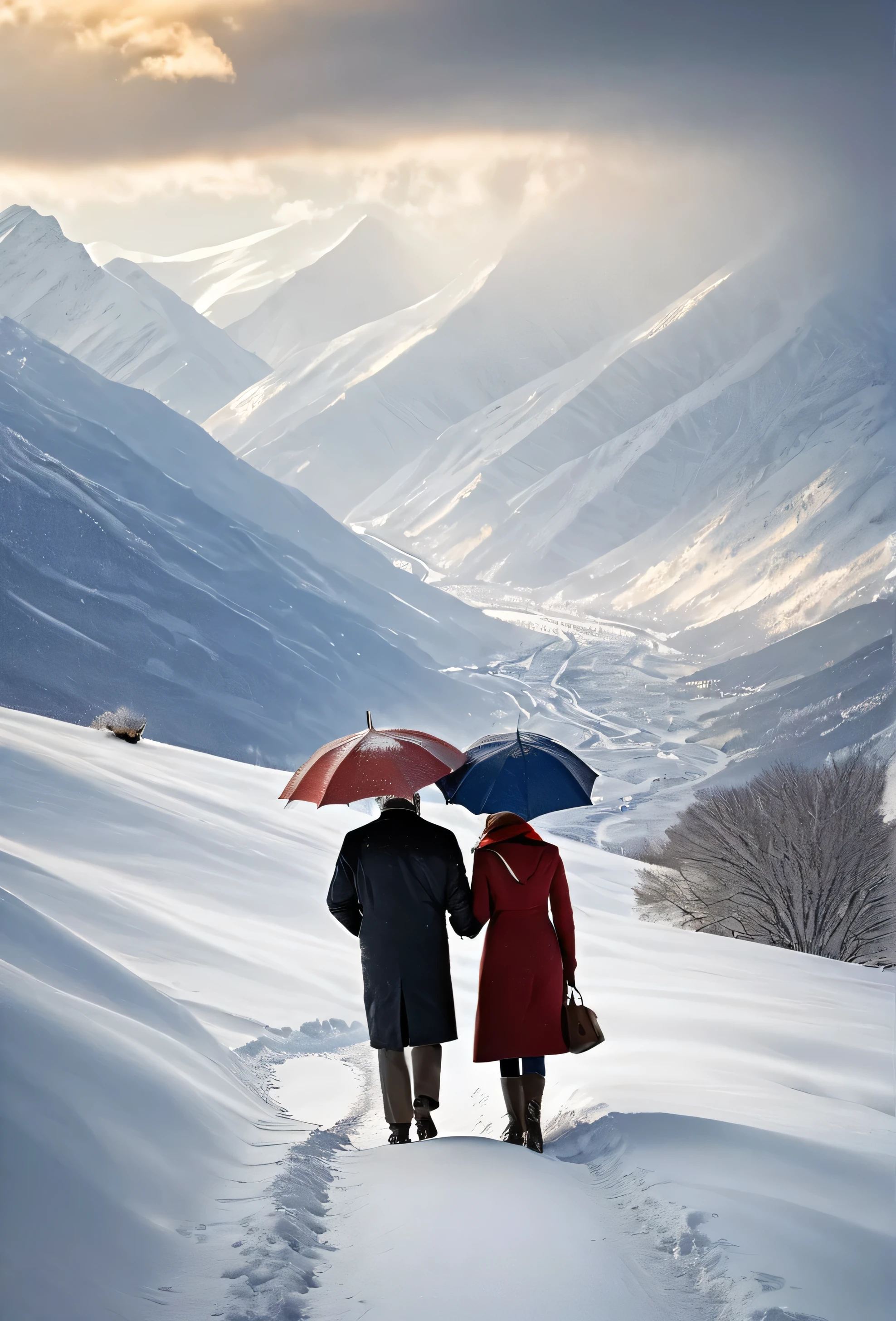 heavy snow，Blizzard，下heavy snow，A couple of lovers，Share an umbrella，Back，Back，warmth，Touching，Go into the distance，S-shaped path，Distant Mountains，RAW，8k，Detailed Details，Best quality，Perfect color matching，Sense of atmosphere，Masterpieces shot by international photography masters，National Geographic Photography Award Winners