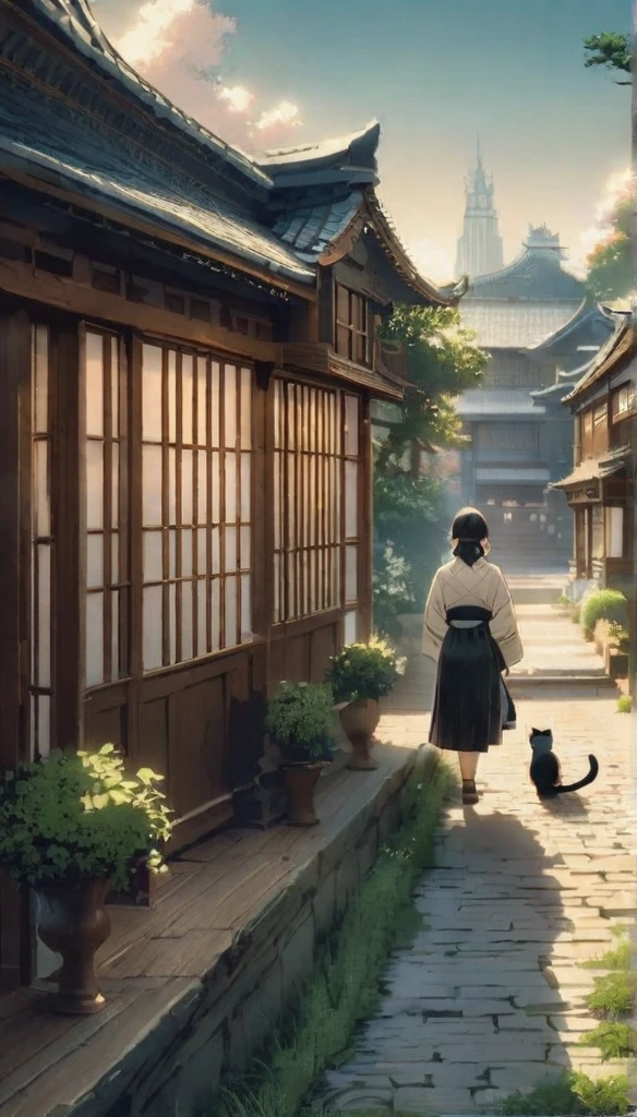 Long Shot、The subject is small、Three-haired cat、Cats only、Three-haired cat strolling around as if it owns the place、Three-haired cat walking on the promenade、Old Japan cityscape、Plant-lined path、Different world、Create silence、