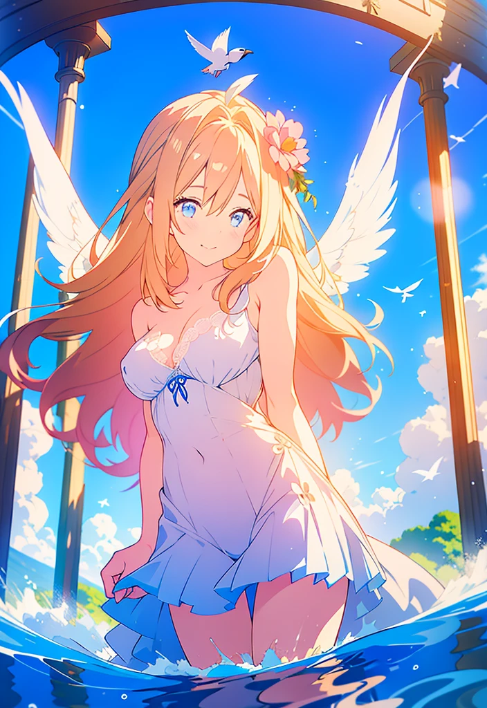 Highest quality、Highest quality、masterpiece、Detailed、4K、8k、One Woman、Aphrodite, the goddess of beauty in Greek mythology、Slender、Blonde wavy hair、Blue eyes、Flower Hair Ornaments、smile、Big Eyes、Such a graceful face、Dressed in classical Greek costume。Fantasy、beautiful、beautiful、grace、A beautiful woman、Dignified、The background is the sea、blue sky、There are beautiful white birds flying、White Dove、Perfect hands、Perfect Arms、Perfect Fingers、Perfect Anatomy、