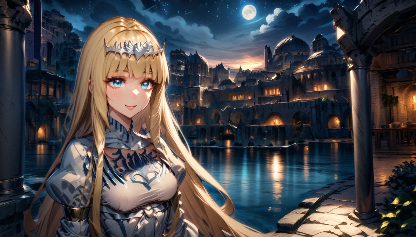 Ultra detailed, Highres, absurdres, HDR, Solo female, 25 years old, night time, ancient city, smiling,, 1girl, solo, Calca, Calca Bessarez, blonde hair, (extremely long hair:1.3), very long hair, white tiara, white dress, blue eyes, medium chest, extremely long hair, medium breast, yellow hair color, bangs, blunt bang