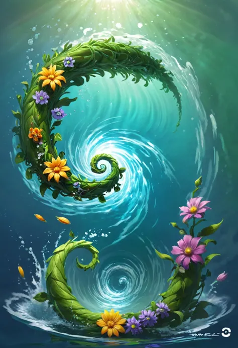 there is a painting of a spiral design with flowers in the water, concept art by kieran yanner, artstation contest winner, proce...