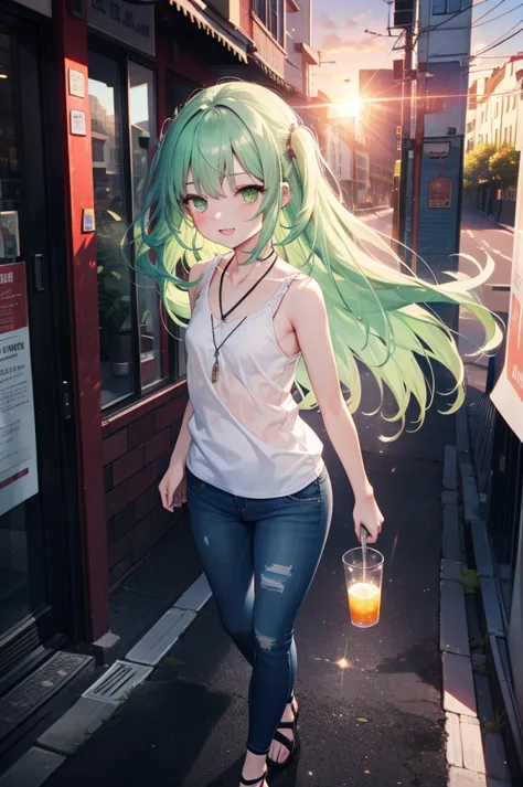 index, index, (Green Eyes:1.5), Blue Hair, Long Hair, (Flat Chest:1.2)happy smile, smile, Open your mouth,v neck tank top shirt,...