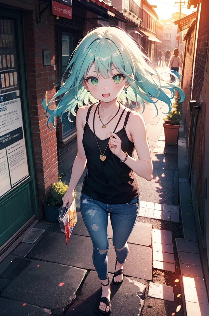 index, index, (Green Eyes:1.5), Blue Hair, Long Hair, (Flat Chest:1.2)happy smile, smile, Open your mouth,v neck tank top shirt,Skinny jeans,Cute Sandals,Rocket Pendant,Walking,Sunset,evening,The sun is setting,whole bodyがイラストに入るように,
break looking at viewer, whole body,
break outdoors, Building district,
break (masterpiece:1.2), Highest quality, High resolution, unity 8k wallpaper, (figure:0.8), (Beautiful attention to detail:1.6), Highly detailed face, Perfect lighting, Highly detailed CG, (Perfect hands, Perfect Anatomy),