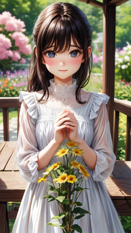  (((SFW:1.5)))、Girl In The Garden, transparent, Blend into the background, Moderate:oil, Fine grain, Detailed lips, Highly detailed face, Long eyelashes, Natural Beauty, Peaceful atmosphere, Surrounded by flowers, Soft sunlight, Warm tones, High resolution, Vibrant colors, Bokeh、