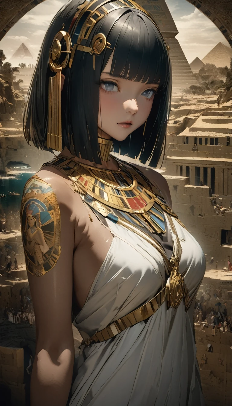 quality\(8K,非常に精細なCGユニットのwallpaper, masterpiece,High resolution,top-quality,top-quality real texture skin,Surreal,Increase the resolution,RAW Photos,最高quality,Very detailed,wallpaper\),BREAK,Perfect Anatomy、Cleopatra、Brown Skin、Very beautiful woman、45 years old、Black Hair、Very tall、zoom、cute、Grey Eyes、Unusual bob cut、Diamond Hair Ornament、Beautiful Egyptian White Dress、Gorgeous dress、Side Shot、Expressionless、The background is an Egyptian mural、pyramid、pyramidの壁画、dark、darkness、