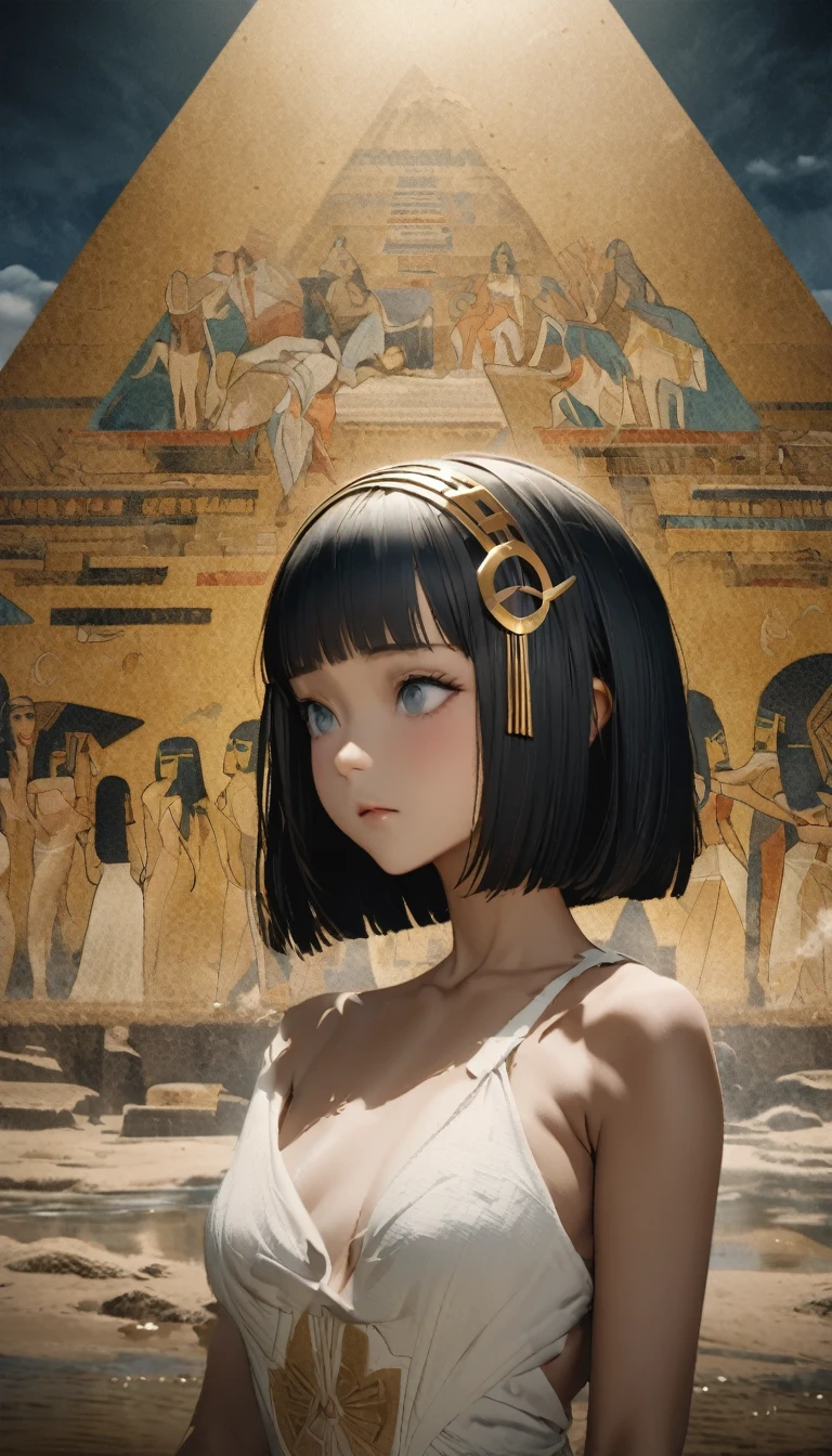 quality\(8K,非常に精細なCGユニットのwallpaper, masterpiece,High resolution,top-quality,top-quality real texture skin,Surreal,Increase the resolution,RAW Photos,最高quality,Very detailed,wallpaper\),BREAK,Perfect Anatomy、Cleopatra、Brown Skin、Very beautiful woman、45 years old、Black Hair、Very tall、zoom、cute、Grey Eyes、Unusual bob cut、Diamond Hair Ornament、Beautiful Egyptian White Dress、Gorgeous dress、Side Shot、Expressionless、The background is an Egyptian mural、pyramid、pyramidの壁画、dark、darkness、