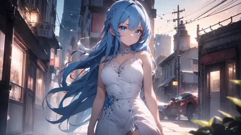 ((((obra maestra, la mejor calidad, ultrahigh resolution)))), 1girl, standing,), ((long pure blue hair, hair over eye)), long ha...