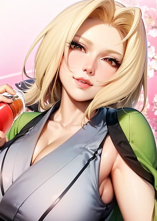 (best quality,masterpiece), Tsunade NS, Solitary, Japanese_clothing, breast, Large target_breast, (((Full and soft breast,)))(((巨Large targetbreast))) (((Cleavage))) kimono, cleveage, Smile, Lips, only_Shoulders, indoors, Alcohol, bottle, Sake_bottle, cup, Keep, leave_Shoulder, Indoor background