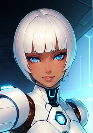 beautiful, (masterpiece:1.2), (best quality:1.2), perfect eyes, perfect lips,  pov, 1girl, LED blue eyes, cybernetic white suit,...