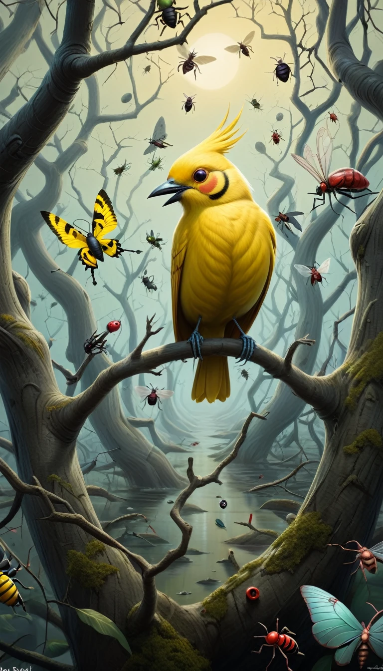 hay un pájaro amarillo sentado en la rama de un árbol con muchos insectos, una pintura surrealista de ed binkley, ganador del concurso cgsociety, pop surrealism, Markus Reugels, Adrian Borda, hielo cory loft