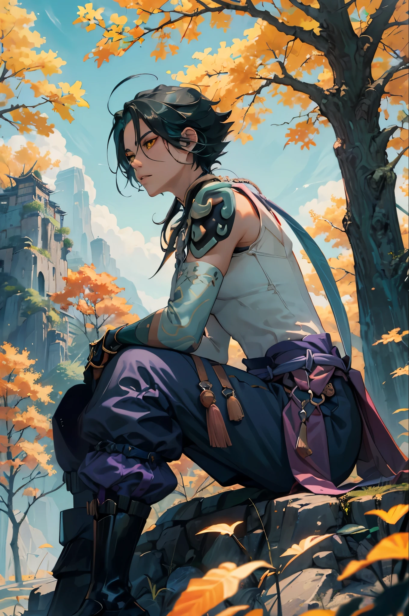 1 adult male solo,xiao \(genshin impact\), 1boy, male focus, short dark teal hair, yellow eyes, white sleeveless shirt, necklace, green tattoo on arm, detached white sleeve, black gloves, wide blue pants, black boots, pink and purple clothes details, black shoulder armor with spikes, outside, chinese mountains, yellow autumn trees, tree leaf falling, windy weather, dramatic light, movie poster style, cinematic shot, book cover, epic