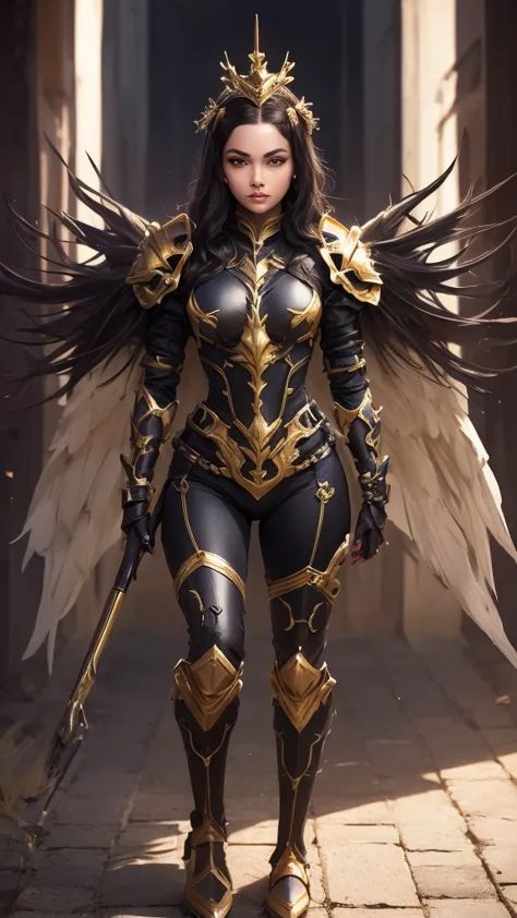 a woman adorned in fantasy-style full-body armor, a crown-concept fully enclosed helmet that unveils only her eyes, a composite ...