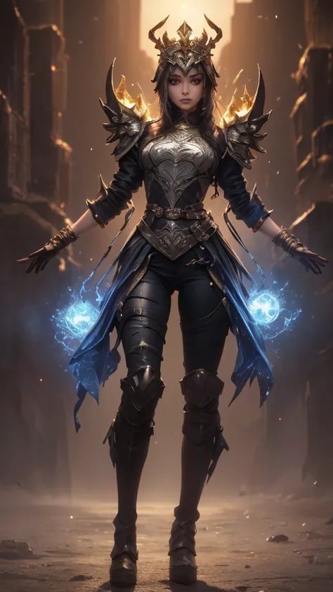 a woman adorned in fantasy-style full-body armor, a crown-concept fully enclosed helmet that unveils only her eyes, a composite ...