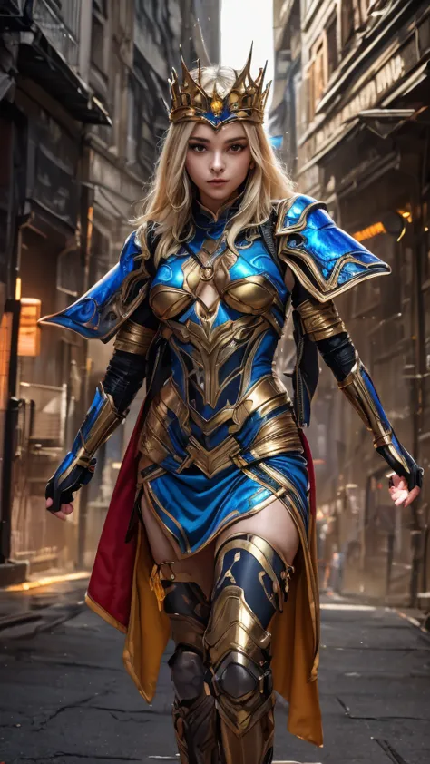 A woman adorned in fantasy-style full-body armor, a crown-concept fully enclosed helmet that unveils only her eyes, a composite ...