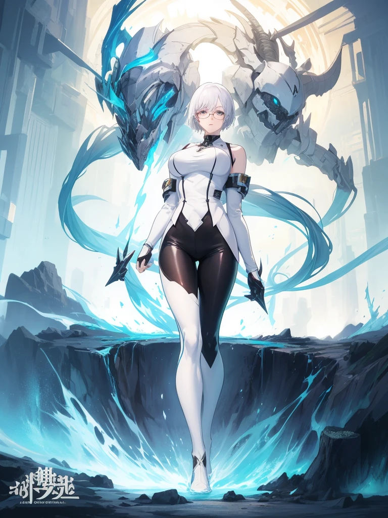 Concept art of anime character, young woman, 21 years old, white short hair, glasses, huge breasts, white fashion shirt, black leggings, full body, two poses, one dynamic pose,  one static pose
