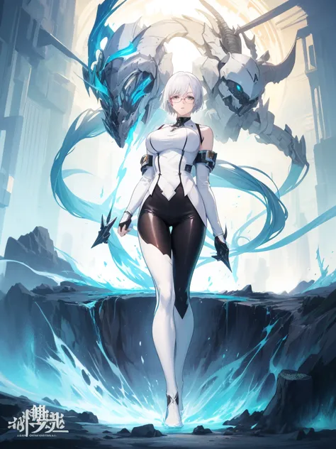 Concept art of anime character, young woman, 21 years old, white short hair, glasses, huge breasts, white fashion shirt, black l...