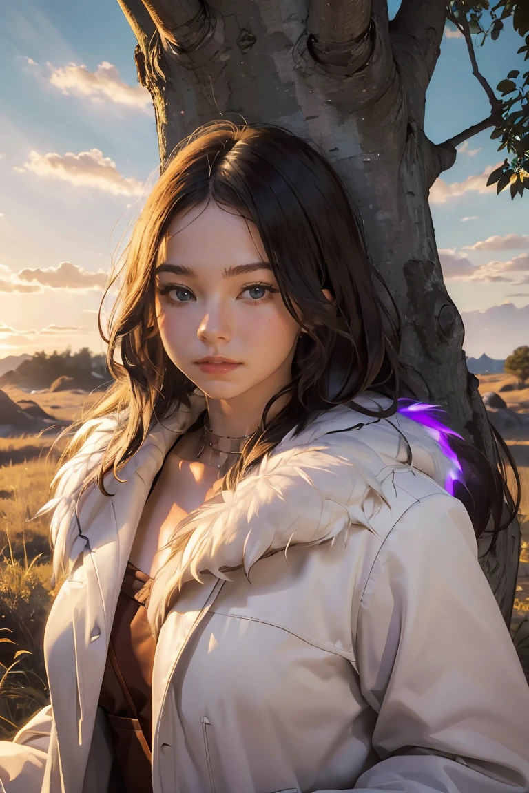 ((masterpiece, best quality, extremely detailed), volumetric lighting, ambient occlusion, colorful, glowing), 
1girl, solo, young girl, (dark hair), long hair, caveman style, cavewoman costume, animal fur,
outdoors, sunset, sky, clouds, tree, 