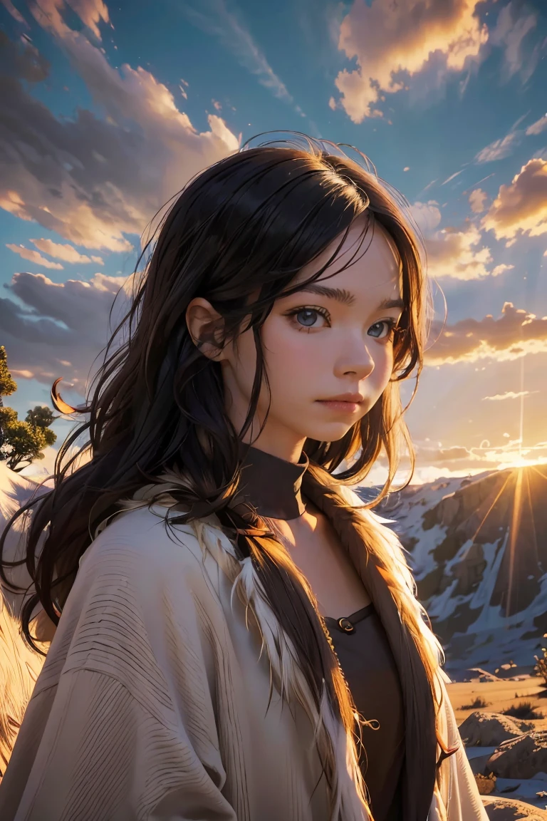 ((masterpiece, best quality, extremely detailed), volumetric lighting, ambient occlusion, colorful, glowing), 
1girl, solo, young girl, (dark hair), long hair, caveman style, cavewoman costume, animal fur,
outdoors, sunset, sky, clouds, tree, 