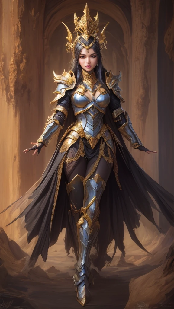 A woman adorned in fantasy-style full-body armor, a crown-concept fully enclosed helmet that unveils only her eyes, a composite layered chest plate, fully encompassing shoulder and hand guards, a lightweight waist armor, form-fitting shin guards, the overall design is heavy-duty yet flexible, (the armor gleams with a golden glow, complemented by red and blue accents), exhibiting a noble aura, she floats above a fantasy-surreal high-tech city, this character embodies a finely crafted fantasy-surreal style armored hero in anime style, exquisite and mature manga art style, (mixture of Queen bee and Spider concept Armor, plasma), ((Element, elegant, goddess, femminine:1.5)), metallic, high definition, best quality, highres, ultra-detailed, ultra-fine painting, extremely delicate, professional, anatomically correct, symmetrical face, extremely detailed eyes and face, high quality eyes, creativity, RAW photo, UHD, 32k, Natural light, cinematic lighting, masterpiece-anatomy-perfect, masterpiece:1.5