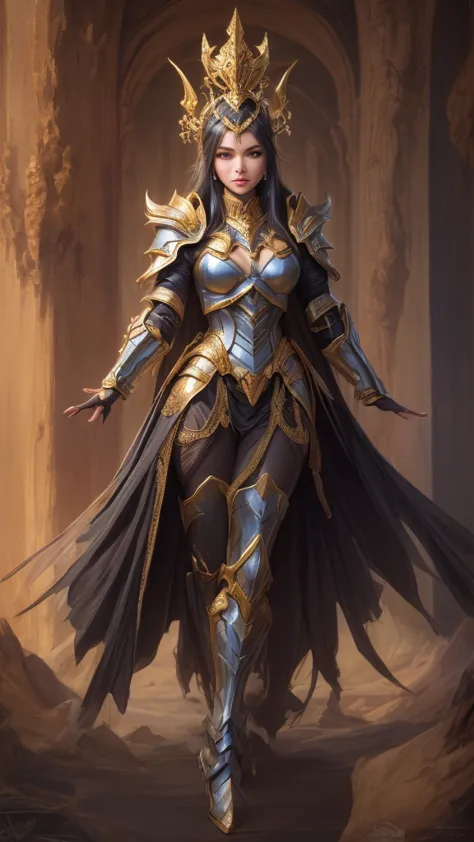 a woman adorned in fantasy-style full-body armor, a crown-concept fully enclosed helmet that unveils only her eyes, a composite ...