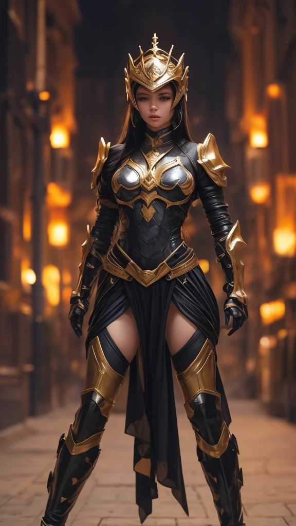 A woman adorned in fantasy-style full-body armor, a crown-concept fully enclosed helmet that unveils only her eyes, a composite layered chest plate, fully encompassing shoulder and hand guards, a lightweight waist armor, form-fitting shin guards, the overall design is heavy-duty yet flexible, (the armor gleams with a golden glow, complemented by red and blue accents), exhibiting a noble aura, she floats above a fantasy-surreal high-tech city, this character embodies a finely crafted fantasy-surreal style armored hero in anime style, exquisite and mature manga art style, (mixture of Queen bee and Spider concept Armor, plasma), ((Element, elegant, goddess, femminine:1.5)), metallic, high definition, best quality, highres, ultra-detailed, ultra-fine painting, extremely delicate, professional, anatomically correct, symmetrical face, extremely detailed eyes and face, high quality eyes, creativity, RAW photo, UHD, 32k, Natural light, cinematic lighting, masterpiece-anatomy-perfect, masterpiece:1.5