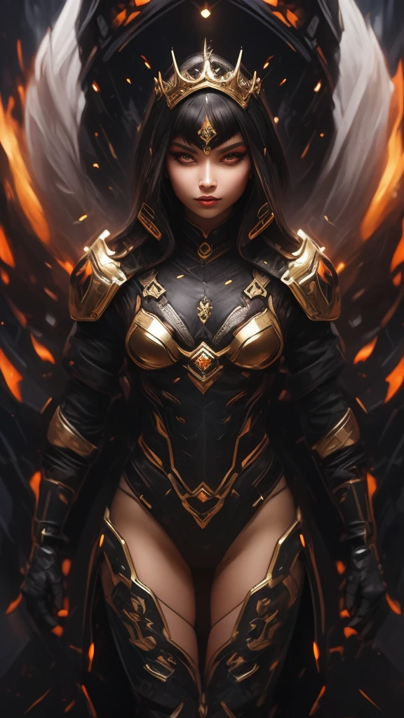 A woman adorned in fantasy-style full-body armor, a crown-concept fully enclosed helmet that unveils only her eyes, a composite layered chest plate, fully encompassing shoulder and hand guards, a lightweight waist armor, form-fitting shin guards, the overall design is heavy-duty yet flexible, (the armor gleams with a golden glow, complemented by red and blue accents), exhibiting a noble aura, she floats above a fantasy-surreal high-tech city, this character embodies a finely crafted fantasy-surreal style armored hero in anime style, exquisite and mature manga art style, (mixture of Queen bee and Spider concept Armor, plasma), ((Element, elegant, goddess, femminine:1.5)), metallic, high definition, best quality, highres, ultra-detailed, ultra-fine painting, extremely delicate, professional, anatomically correct, symmetrical face, extremely detailed eyes and face, high quality eyes, creativity, RAW photo, UHD, 32k, Natural light, cinematic lighting, masterpiece-anatomy-perfect, masterpiece:1.5