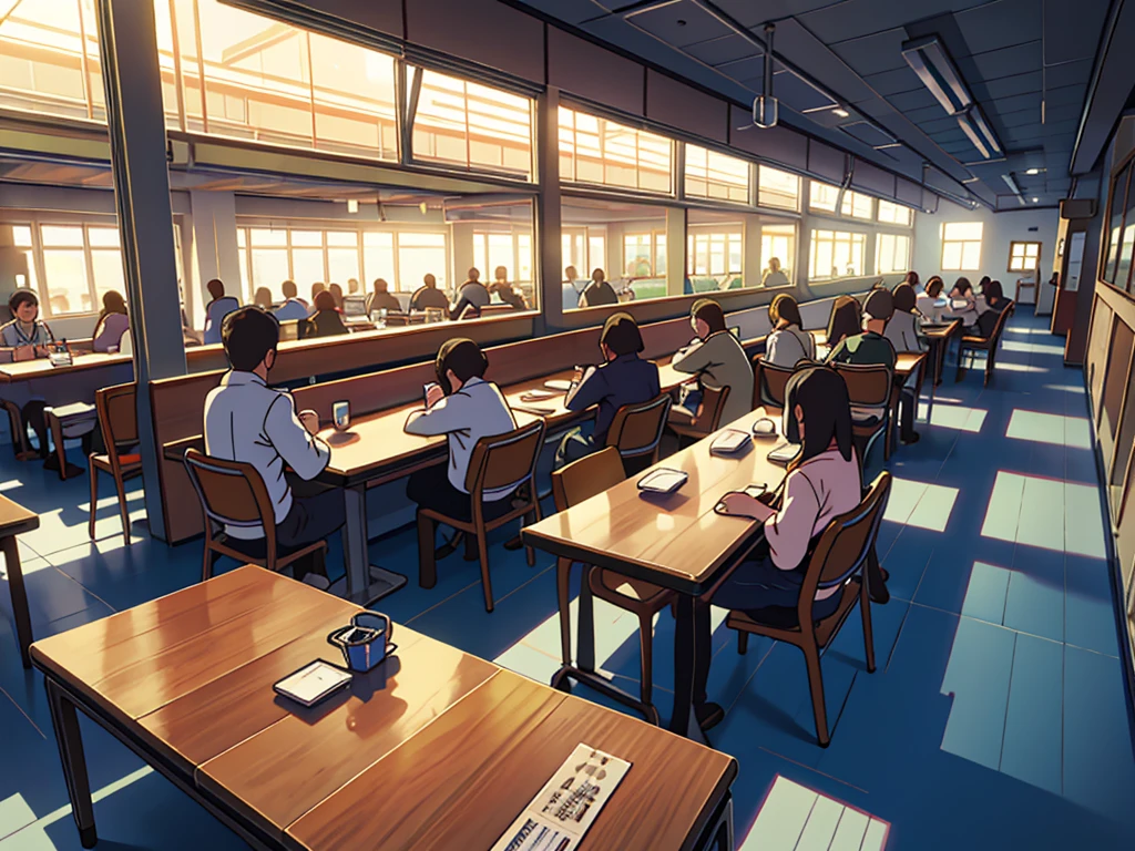 Cafeteria at morning in Tokyo with some people inside consuming, Masterpiece, Art, Best Quality