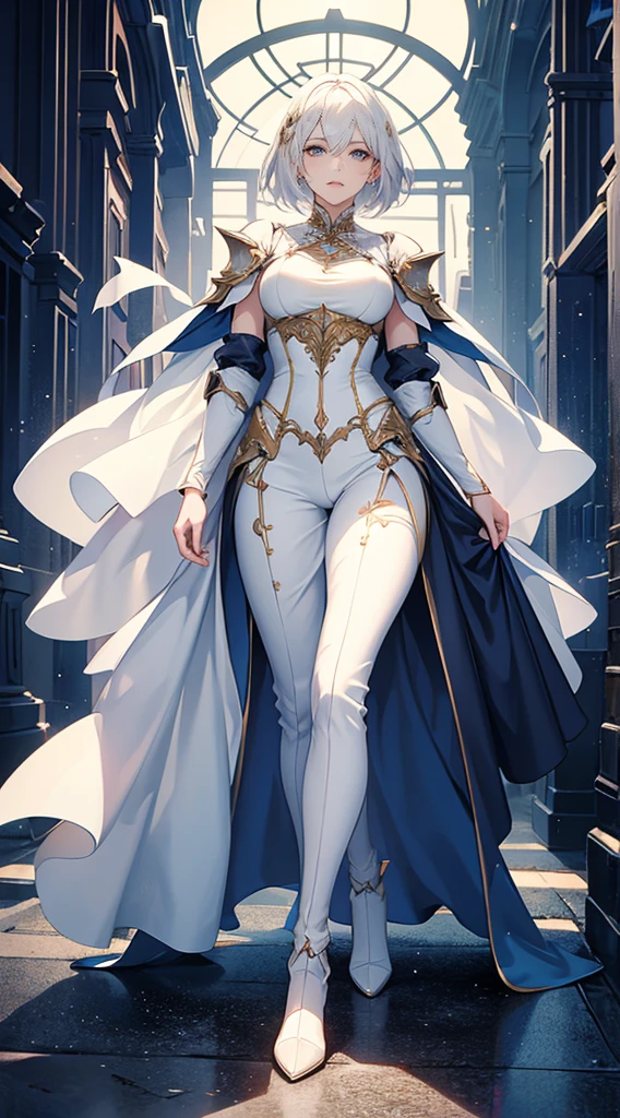 Highest quality、masterpiece、8K、Realistic、超High resolution、Very delicate and beautiful、High resolution、Fantasy、Perfect female body、mature woman、White Hair、short Hair、Toned body、Cape、Clothing with low exposure、pants、boots、cigarette、Full body emphasis、Simple Background、knight、