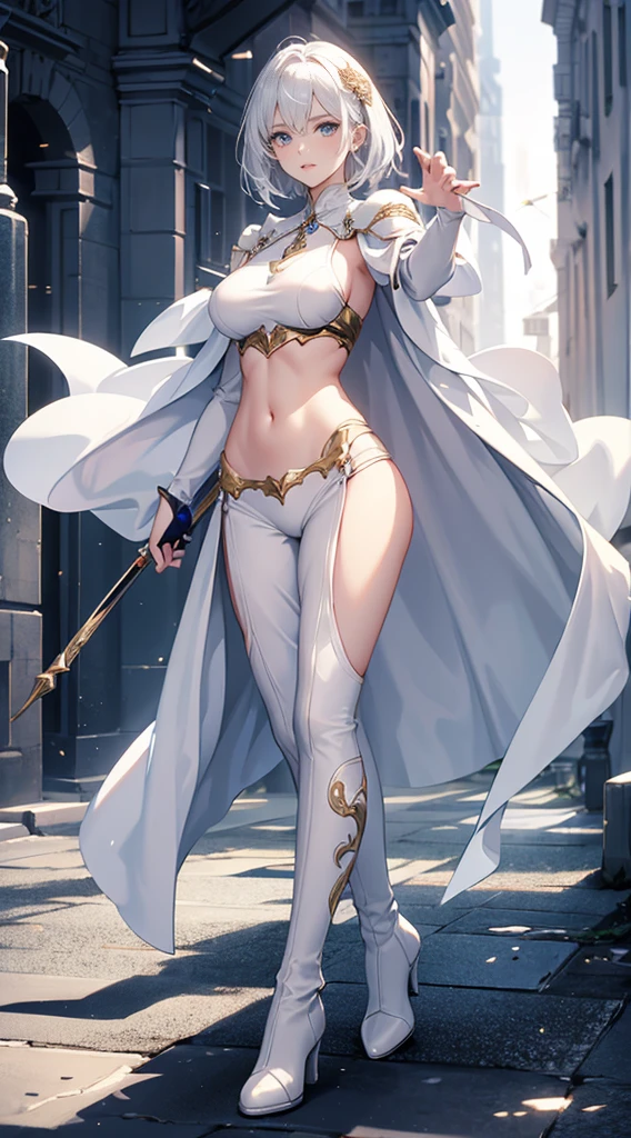 Highest quality、masterpiece、8K、Realistic、超High resolution、Very delicate and beautiful、High resolution、Fantasy、Perfect female body、mature woman、White Hair、short Hair、Toned body、Cape、Clothing with low exposure、pants、boots、cigarette、Full body emphasis、Simple Background、knight、